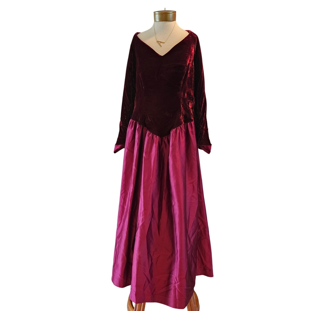 Vintage Alfred Angelo 90s Burgundy Velvet Magenta Satin Gown Union Made Sz 14/16
